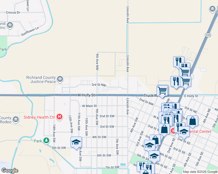 map of restaurants, bars, coffee shops, grocery stores, and more near 308 8th Avenue Southwest in Sidney