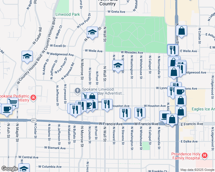 map of restaurants, bars, coffee shops, grocery stores, and more near 6722 North Wall Street in Spokane