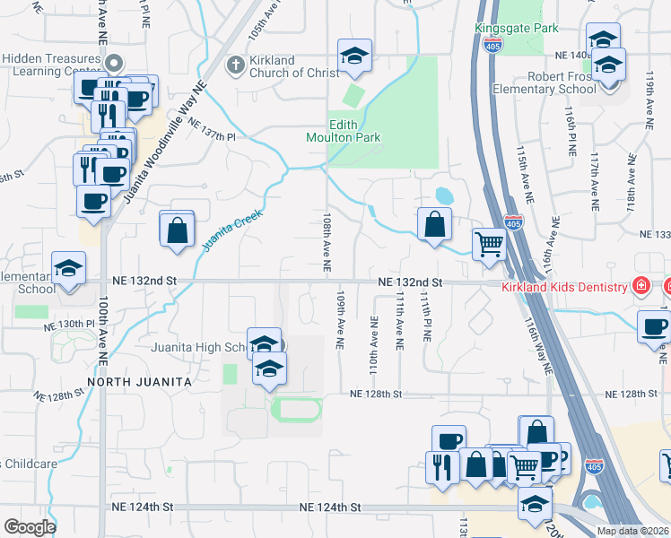 map of restaurants, bars, coffee shops, grocery stores, and more near 13237 109th Avenue Northeast in Kirkland