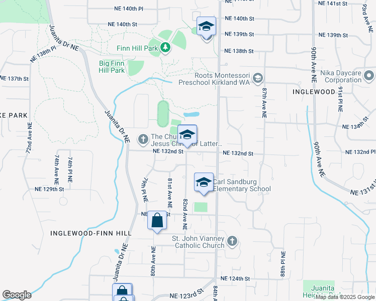 map of restaurants, bars, coffee shops, grocery stores, and more near 8040 Northeast 132nd Street in Kirkland