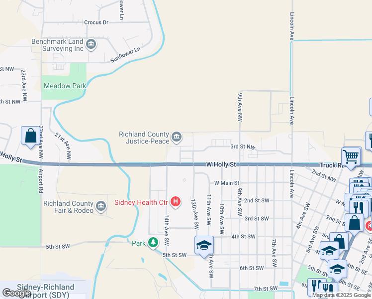map of restaurants, bars, coffee shops, grocery stores, and more near 300 12th Avenue Northwest in Sidney