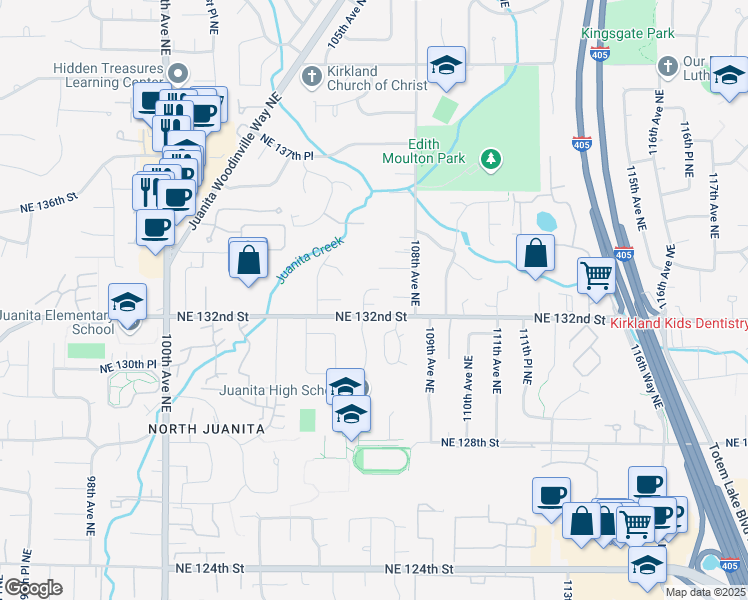map of restaurants, bars, coffee shops, grocery stores, and more near 13218 106th Place Northeast in Kirkland
