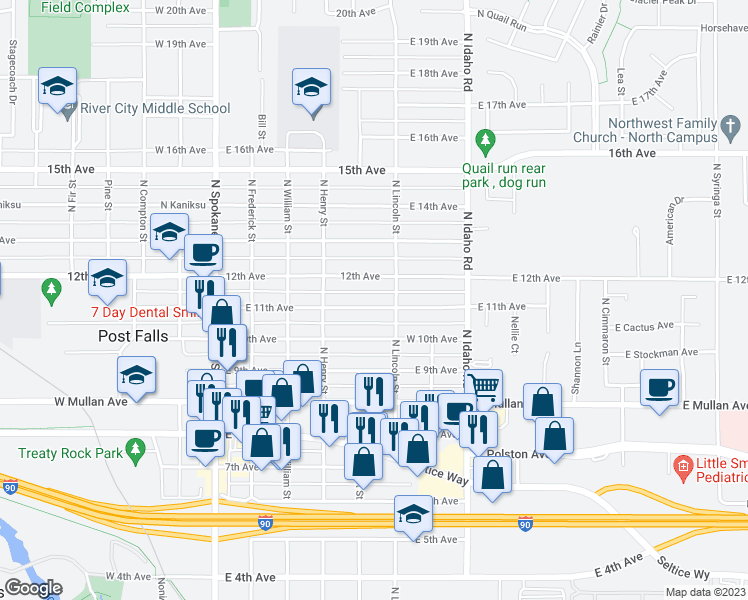 map of restaurants, bars, coffee shops, grocery stores, and more near 509 East 11th Avenue in Post Falls