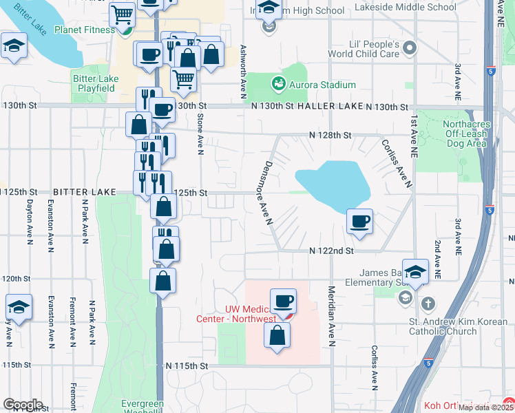 map of restaurants, bars, coffee shops, grocery stores, and more near 12271 Densmore Avenue North in Seattle