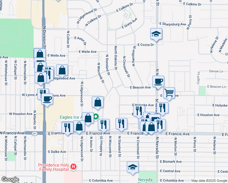 map of restaurants, bars, coffee shops, grocery stores, and more near 6805 North Standard Street in Spokane