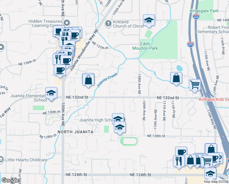 map of restaurants, bars, coffee shops, grocery stores, and more near 10521 Northeast 133rd Place in Kirkland
