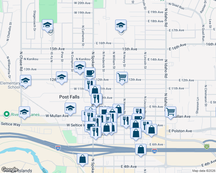 map of restaurants, bars, coffee shops, grocery stores, and more near 1122 North Frederick Street in Post Falls