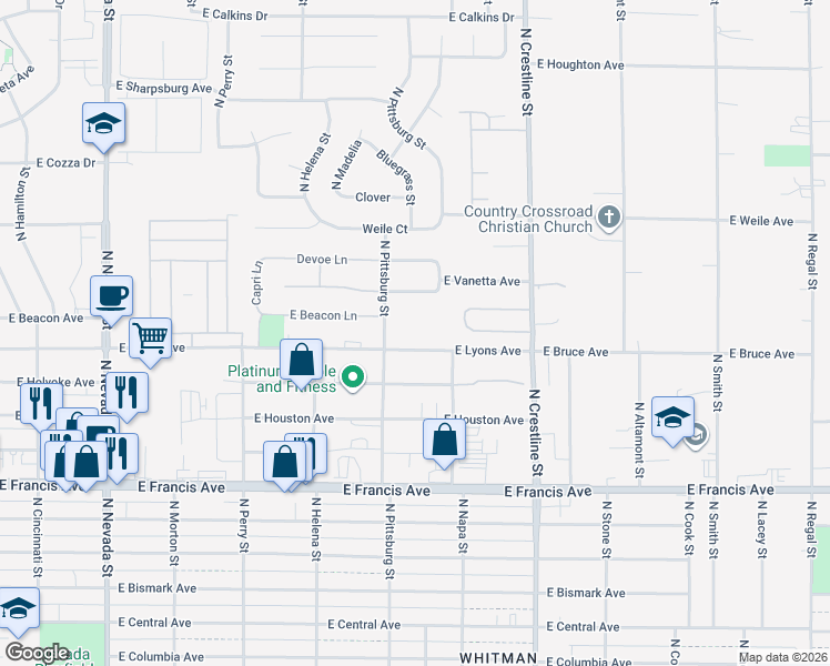 map of restaurants, bars, coffee shops, grocery stores, and more near 1707 East Lyons Avenue in Spokane