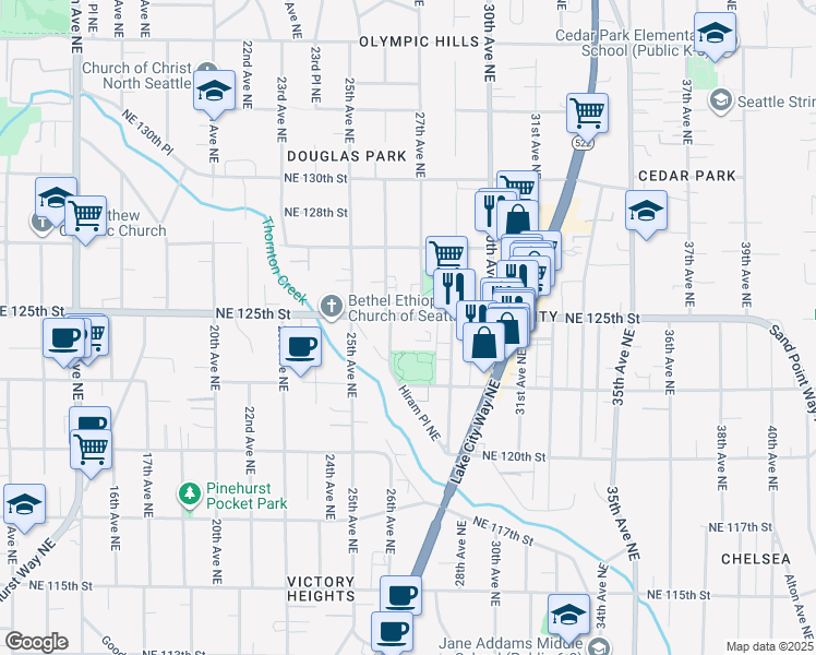 map of restaurants, bars, coffee shops, grocery stores, and more near 12509 27th Avenue Northeast in Seattle