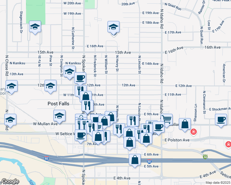 map of restaurants, bars, coffee shops, grocery stores, and more near 1120 North Henry Street in Post Falls