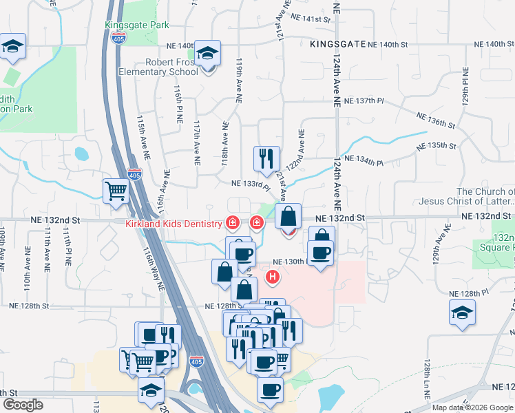 map of restaurants, bars, coffee shops, grocery stores, and more near 12515 Northeast 132nd Court in Kirkland