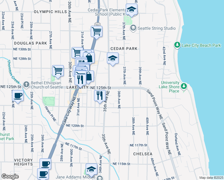 map of restaurants, bars, coffee shops, grocery stores, and more near 12360 35th Avenue Northeast in Seattle
