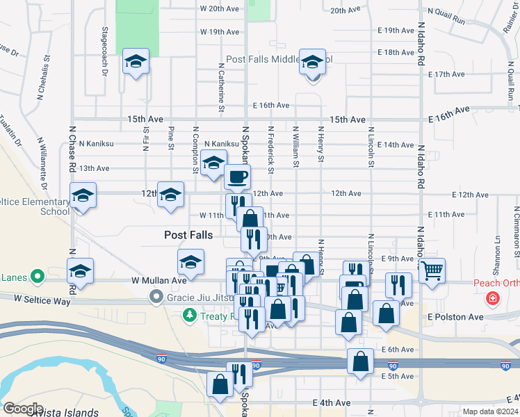 map of restaurants, bars, coffee shops, grocery stores, and more near 107 East 11th Avenue in Post Falls