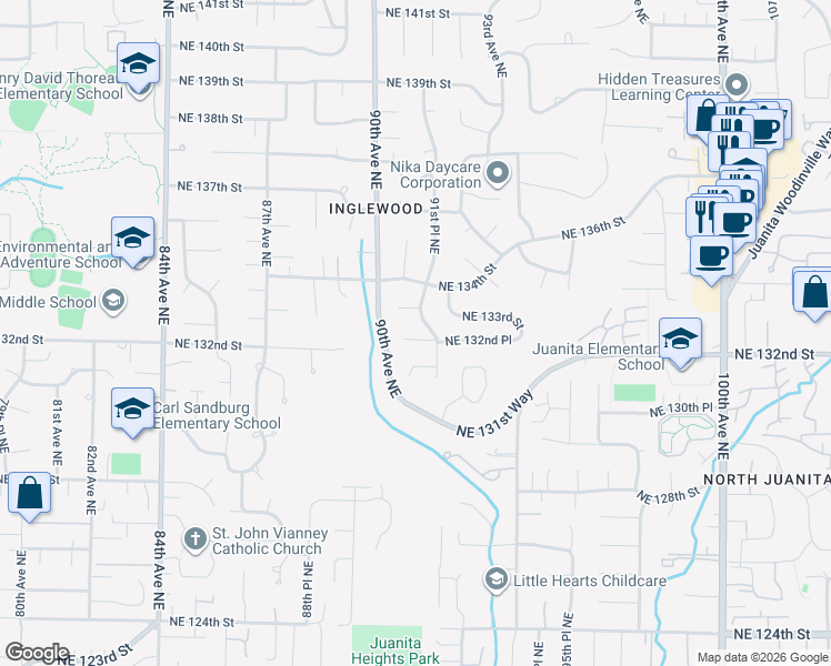 map of restaurants, bars, coffee shops, grocery stores, and more near 9022 Northeast 132nd Place in Kirkland