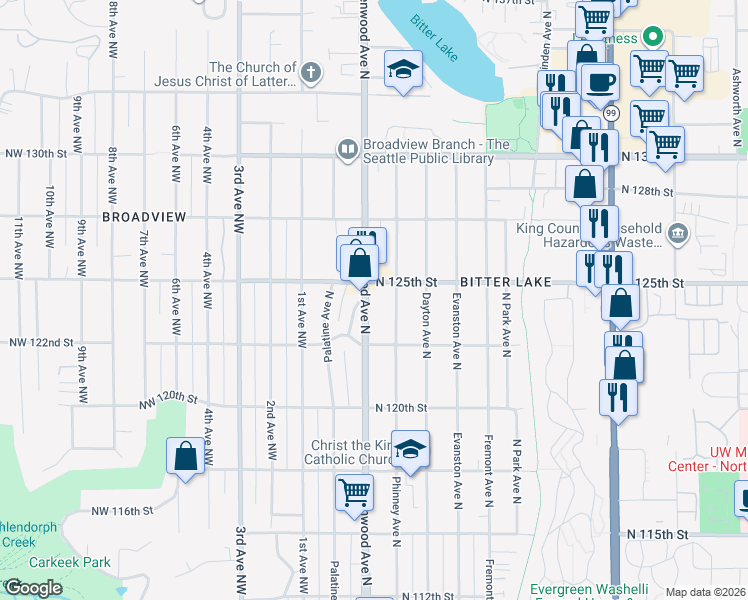 map of restaurants, bars, coffee shops, grocery stores, and more near 12250 Greenwood Avenue North in Seattle