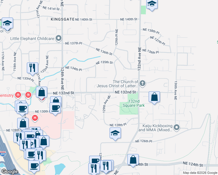 map of restaurants, bars, coffee shops, grocery stores, and more near 12820 Northeast 132nd Place in Kirkland