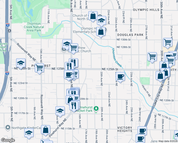 map of restaurants, bars, coffee shops, grocery stores, and more near 1716 Northeast 125th Street in Seattle