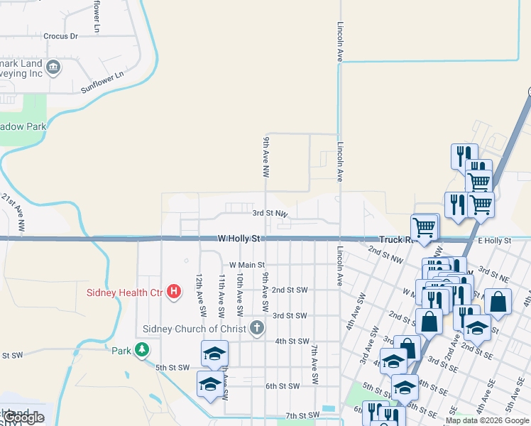 map of restaurants, bars, coffee shops, grocery stores, and more near 9th Avenue Northwest in Sidney