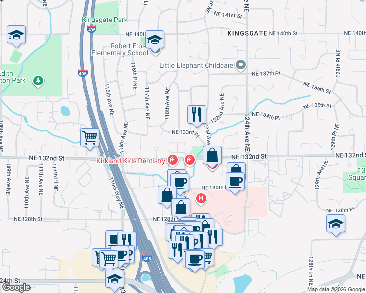 map of restaurants, bars, coffee shops, grocery stores, and more near 11954 Northeast 132nd Lane in Kirkland