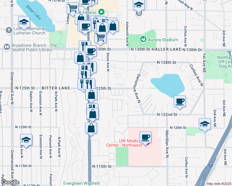 map of restaurants, bars, coffee shops, grocery stores, and more near 1333 North 125th Street in Seattle