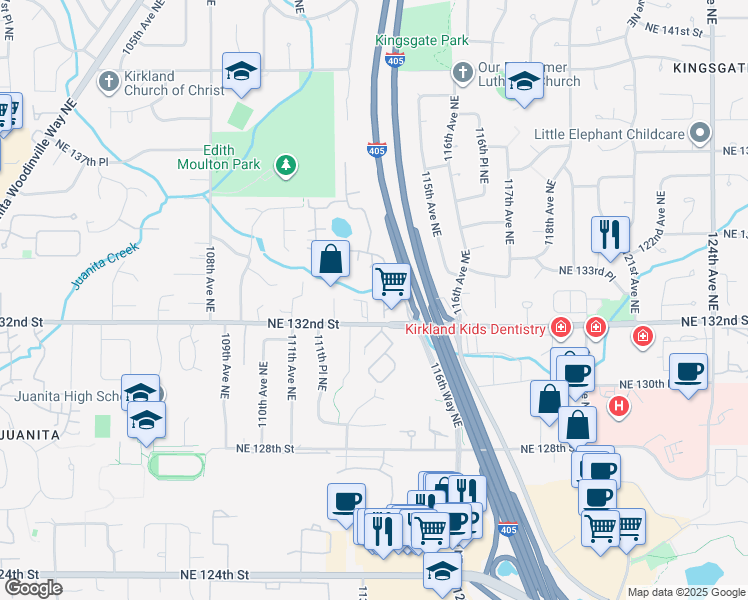map of restaurants, bars, coffee shops, grocery stores, and more near 11236 Northeast 132nd Street in Kirkland