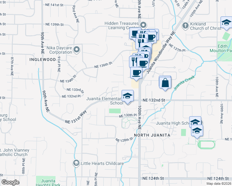 map of restaurants, bars, coffee shops, grocery stores, and more near 13210 97th Avenue Northeast in Kirkland