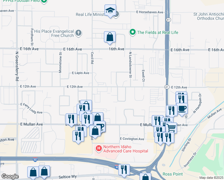 map of restaurants, bars, coffee shops, grocery stores, and more near 3414 East 12th Avenue in Post Falls