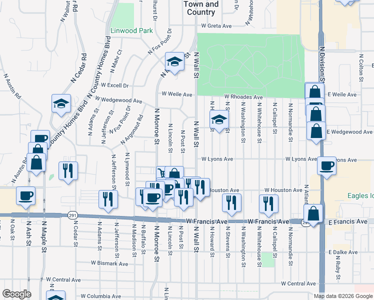 map of restaurants, bars, coffee shops, grocery stores, and more near 6718 North Post Street in Spokane