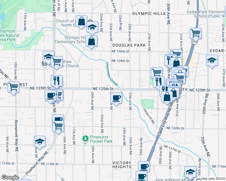 map of restaurants, bars, coffee shops, grocery stores, and more near 2318 Northeast 125th Street in Seattle