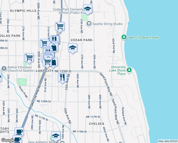 map of restaurants, bars, coffee shops, grocery stores, and more near 12501 38th Avenue Northeast in Seattle