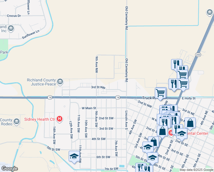 map of restaurants, bars, coffee shops, grocery stores, and more near 308 8th Avenue Southwest in Sidney