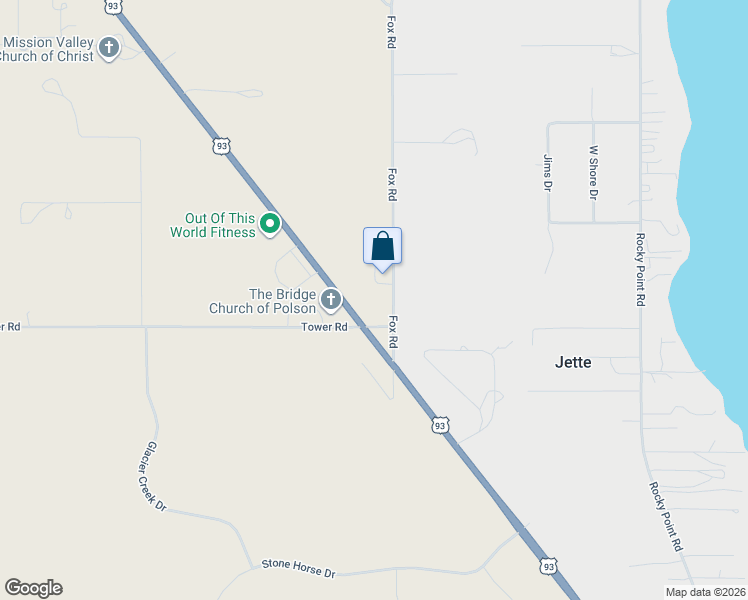 map of restaurants, bars, coffee shops, grocery stores, and more near 33953 Fox Road in Polson