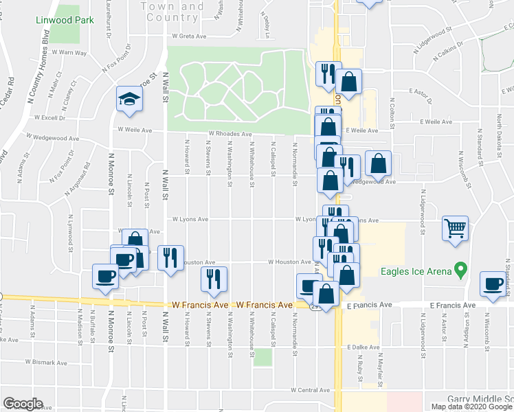 map of restaurants, bars, coffee shops, grocery stores, and more near 6712 North Whitehouse Street in Spokane