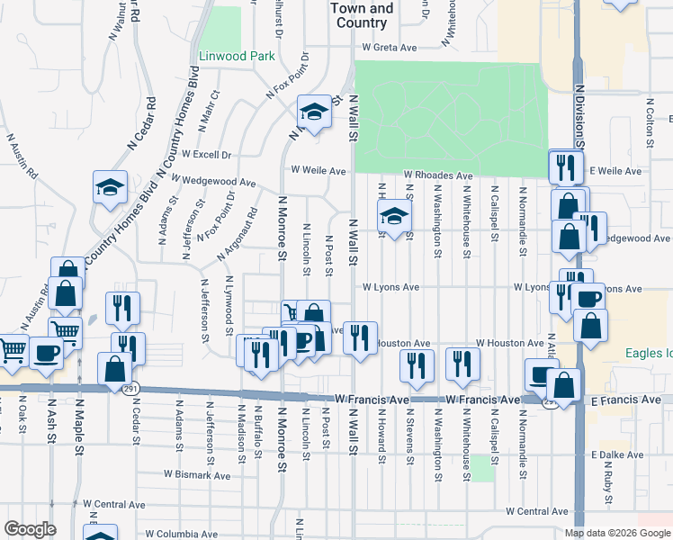 map of restaurants, bars, coffee shops, grocery stores, and more near 6718 North Post Street in Spokane