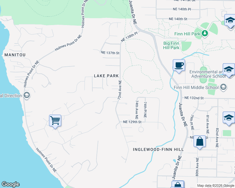 map of restaurants, bars, coffee shops, grocery stores, and more near 7135 Northeast 132nd Lane in Kirkland