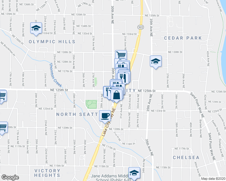 map of restaurants, bars, coffee shops, grocery stores, and more near Northeast 125th Street & 30th Avenue Northeast in Seattle