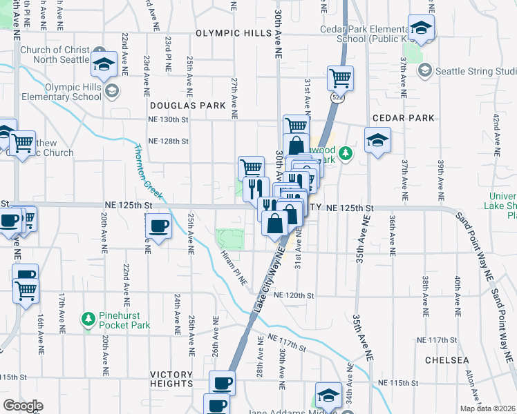 map of restaurants, bars, coffee shops, grocery stores, and more near NE 125th St & 28th Ave NE in Seattle