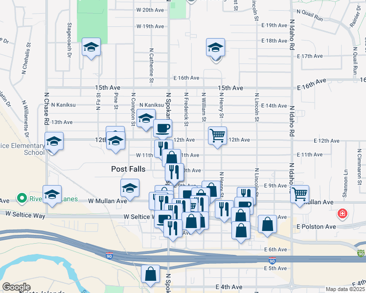 map of restaurants, bars, coffee shops, grocery stores, and more near 106 East 12th Avenue in Post Falls