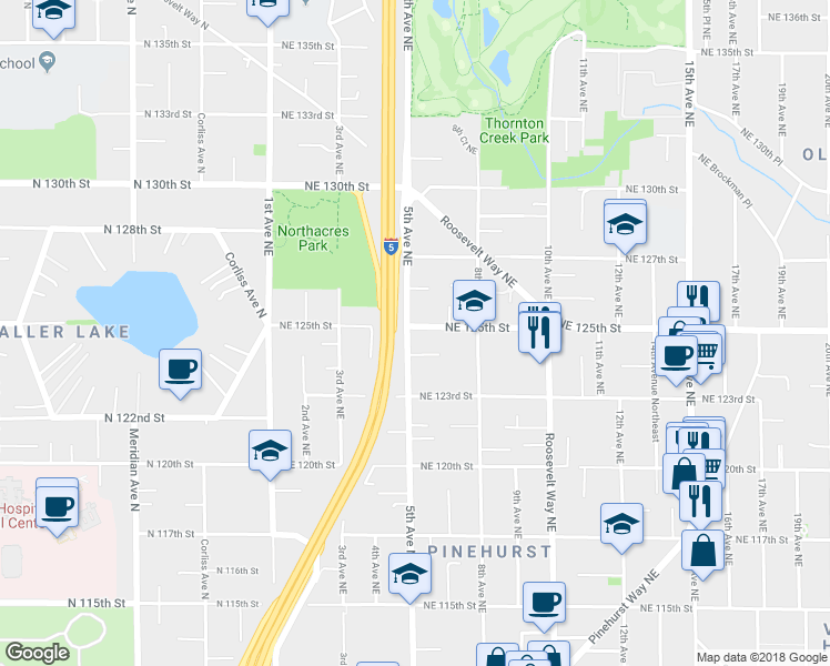 map of restaurants, bars, coffee shops, grocery stores, and more near 505 Northeast 125th Street in Seattle