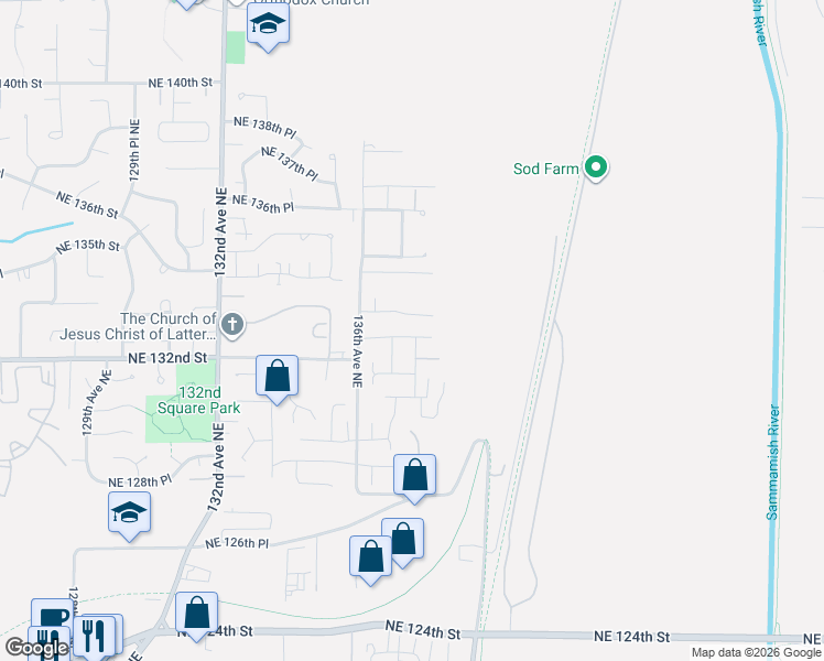 map of restaurants, bars, coffee shops, grocery stores, and more near 13638 Northeast 133rd Street in Kirkland