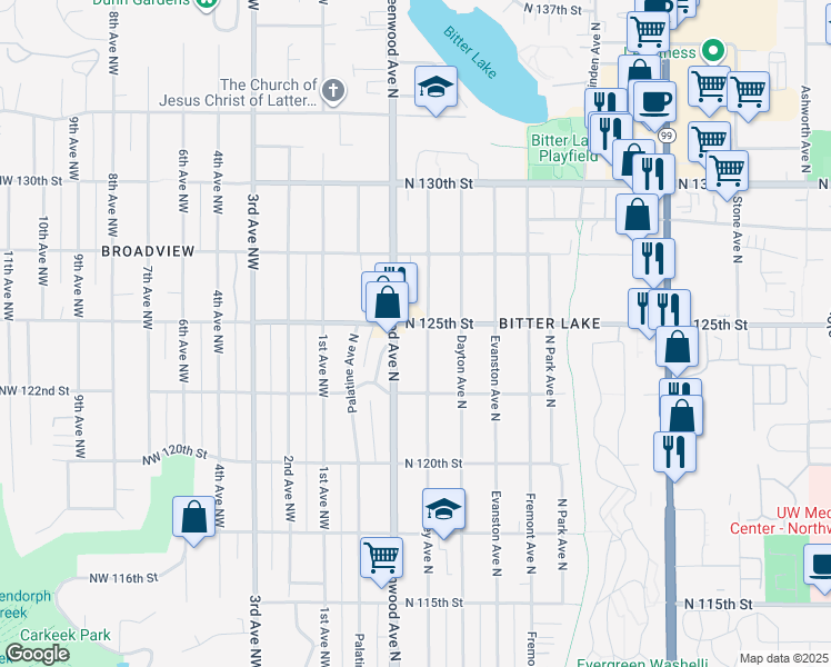 map of restaurants, bars, coffee shops, grocery stores, and more near 325 North 125th Street in Seattle