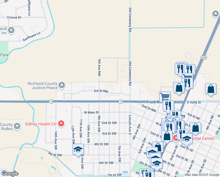 map of restaurants, bars, coffee shops, grocery stores, and more near 308 8th Avenue Southwest in Sidney