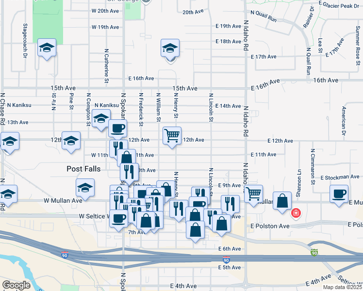 map of restaurants, bars, coffee shops, grocery stores, and more near 1120 North Henry Street in Post Falls