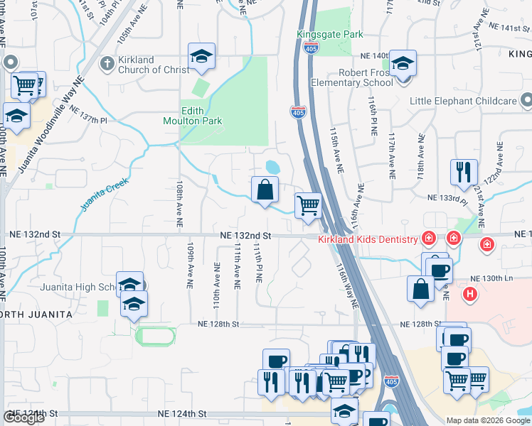 map of restaurants, bars, coffee shops, grocery stores, and more near 13229 112th Avenue Northeast in Kirkland