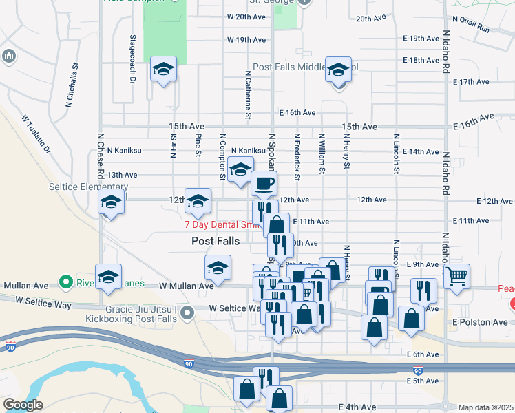 map of restaurants, bars, coffee shops, grocery stores, and more near 105 West 12th Avenue in Post Falls