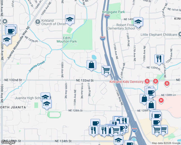 map of restaurants, bars, coffee shops, grocery stores, and more near 13229 112th Avenue Northeast in Kirkland
