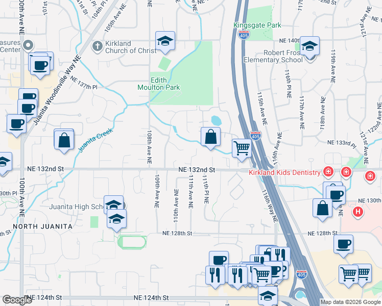map of restaurants, bars, coffee shops, grocery stores, and more near 13236 111th Court Northeast in Kirkland