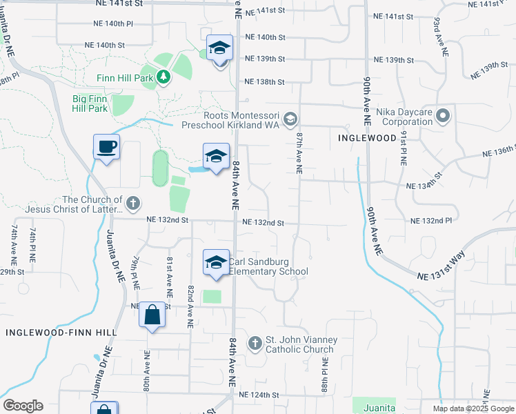 map of restaurants, bars, coffee shops, grocery stores, and more near 13223 86th Place Northeast in Kirkland