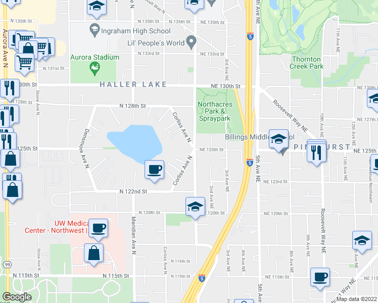 map of restaurants, bars, coffee shops, grocery stores, and more near 12285 Corliss Avenue North in Seattle