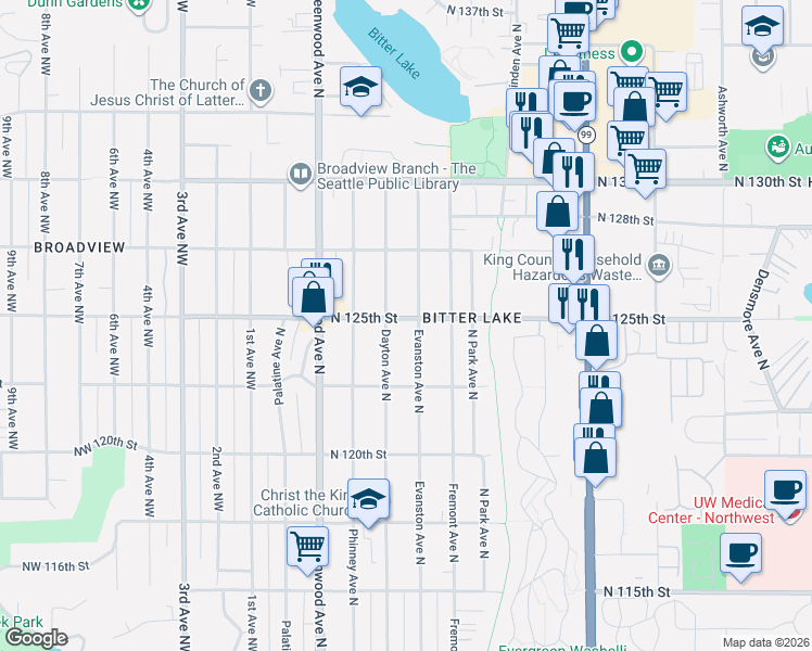 map of restaurants, bars, coffee shops, grocery stores, and more near 517 North 125th Street in Seattle